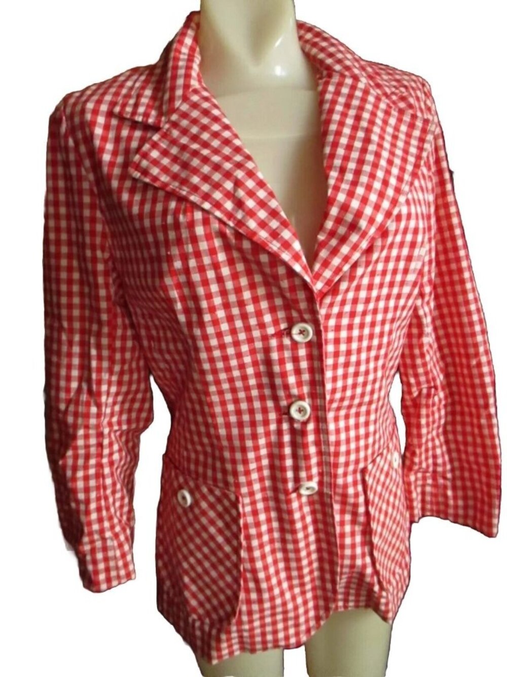 Vintage 1970's Gingham Checker Boho Blazer Jacket Medium Clothy  Soft Red/White